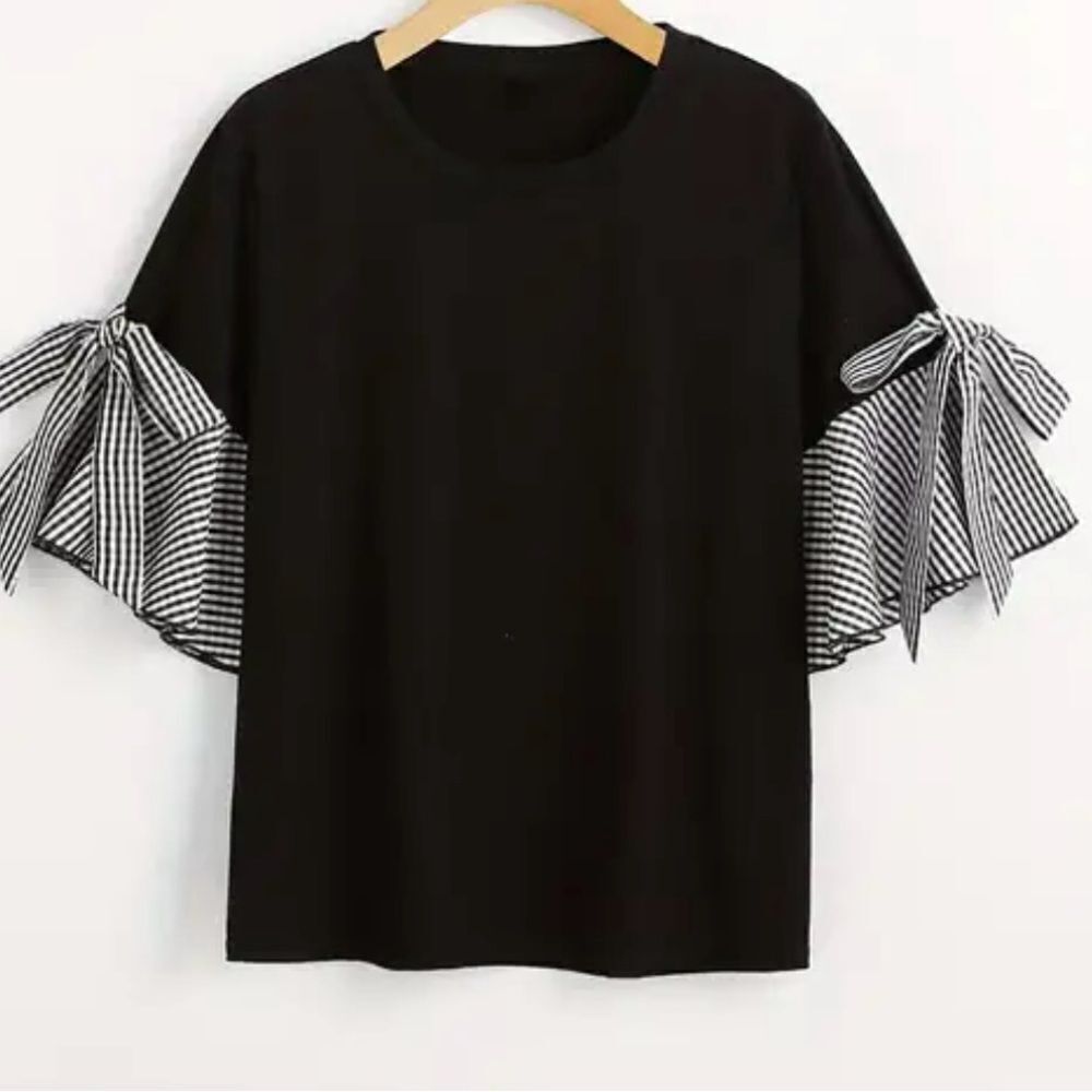 Women’s Black Top with gingham sleeve detail